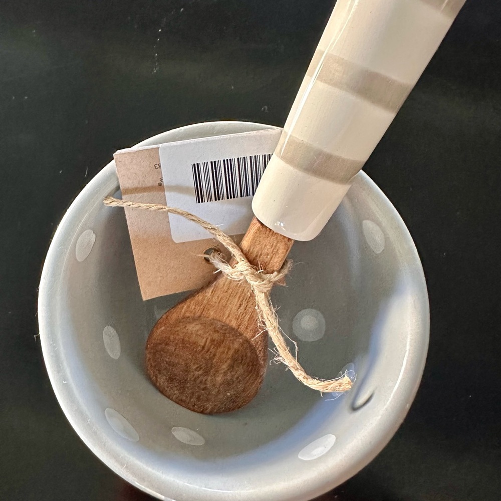 Mud Pie Gray and White Bowl with Wooden Spoon - Picture 3 of 4
